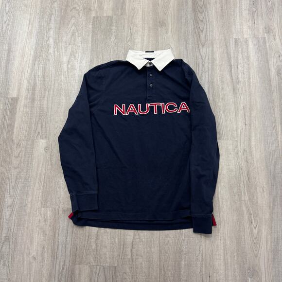 Vintage Nautica Rugby Polo Shirt Men's Large Blue Red Spellout Preppy y2k Yachty - Picture 1 of 9